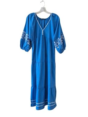 ​ZARA Maxi Dress Large Blue Embroidered Tiered Boho Peasant Festival Summer